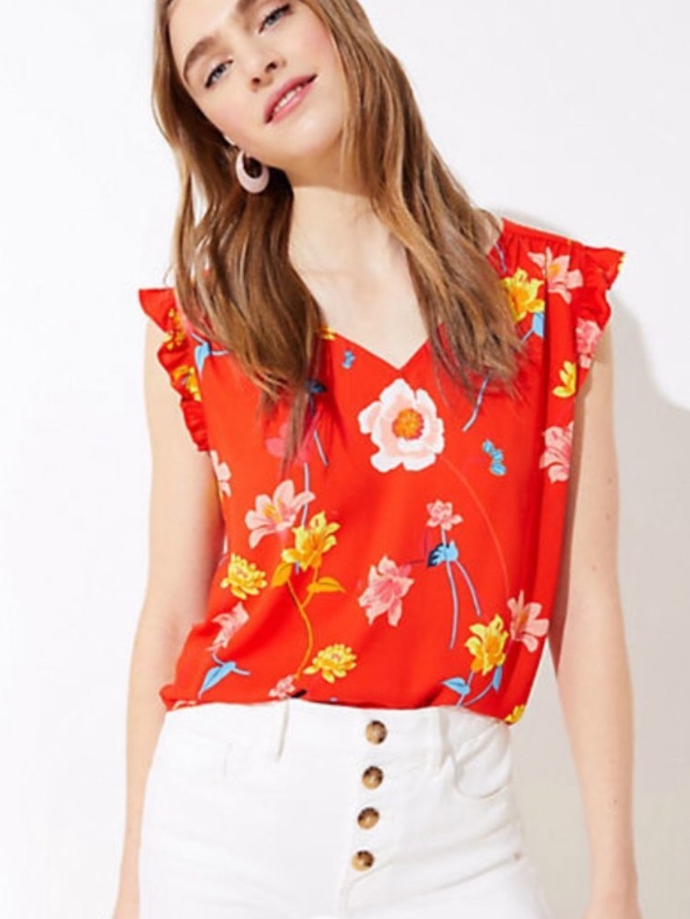 LOFT Red Floral Flutter Sleeve Blouse Lily Bar Back Top Size Small